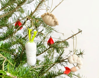 Asian Foods Wool Ornament Set: Handmade Shrimp, Daikon and Dumpling