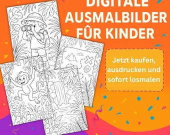 20 Ausmalbilder für Kinder – Dschungelabenteuer & Tiere | Malvorlagen zum Ausdrucken | Digitaler Download PDF | Kreative Beschäftigung