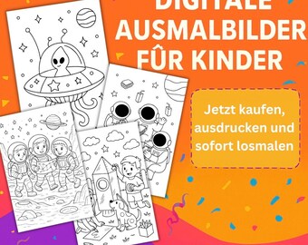 May include: A collection of black and white coloring pages featuring space-themed illustrations. The pages include images of astronauts, rockets, planets, and an alien in a spaceship. Text in the image reads "DIGITALE AUSMALBILDER FÜR KINDER" and "Jetzt kaufen, ausdrucken und sofort losmalen."