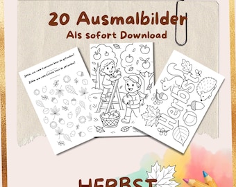 May include: Three coloring pages with autumn themes, including children picking apples, a squirrel, and leaves. The text "20 Ausmalbilder Als sofort Download" is at the top. The word "HERBST" is at the bottom.