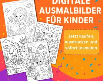 Puede incluir: Cuatro páginas para colorear en blanco y negro con escenas submarinas, incluyendo una sirena, peces y un naufragio. El texto en alemán dice "DIGITALE AUSMALBILDER FÜR KINDER" y "UNTERWASSERWELT". Un cuadro amarillo dice "Jetzt kaufen, ausdrucken und sofort losmalen".