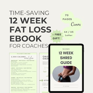 May include: A digital tablet displaying a 12-week shred guide ebook for coaches. The ebook cover features a woman in a pink tank top and black shorts, with the text "The Ultimate 12 Week Shred Guide" in a green box. The ebook is 70 pages long and is available in A4 or US Letter size.