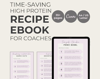 May include: A digital tablet displaying a recipe for Teriyaki Chicken Poke Bowl. The recipe is written in a pink and white font with numbered instructions. The image also shows a preview of two other recipes: Raspberry & White Chocolate Baked Oats and English Breakfast.