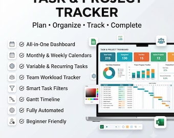 Task Tracker Excel Template | Project Management Spreadsheet | Planner Dashboard | To Do List | Weekly & Monthly Planner