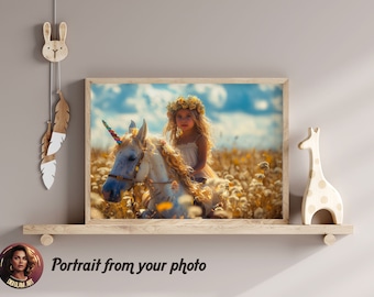 Custom Portrait from Photo - Personalized Girl Children Unicorn Kid Artwork, Wall Decor, Unique Gift for Birthday, Wall Art J05