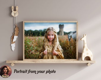 Custom Portrait from Photo - Personalized Girl Children Disney Princess Kid Artwork, Wall Decor, Unique Gift for Birthday, Wall Art J078