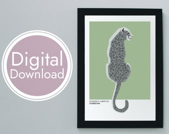 Cheetah wall art • Feline • Green and gray •  Digital download •  Printable home decor • Cat • Pantone art