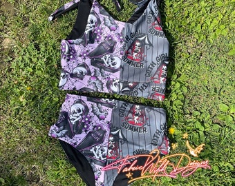 Trendy XL Purple Two Piece Swimsuit, Witchy Split Design, Goth Swimwear Set for Women