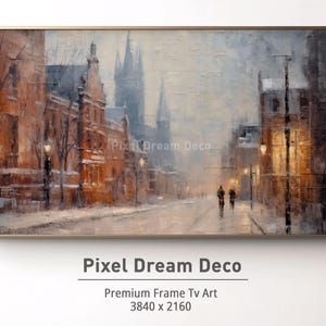 Winter Frame TV Art | Vintage Winter City Painting | Oil Painting | Canvas Texture | Moody Neutral Christmas Frame Tv Art | Winter Decor