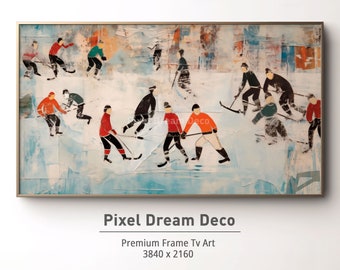 Samsung Frame TV Art | Ice Hockey | Pond Hockey Art Tv | Sports Art | Modern Tv art | Winter sport painting | oil painting | Abstract Art