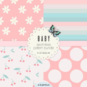 Baby blue and pink floral, stripes, cherries and polka dots seamless pattern bundle. Kids digital paper, JPG, commercial use, pink blue