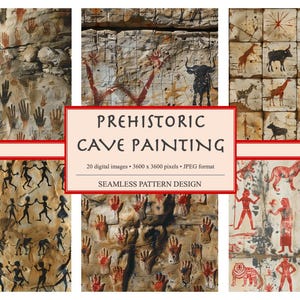 Papel digital para pintura rupestre pré-histórica, texturas imprimíveis para pintura rupestre pré-histórica sem costura, criaturas fantásticas imprimíveis, uso comercial