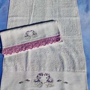 White terry towel with heart and crochet lace in wisteria color.