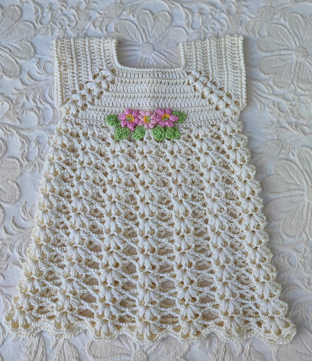 Pure White Cotton Crochet Dress With Crochet Flowers. Size 3-6 Months. -  Etsy