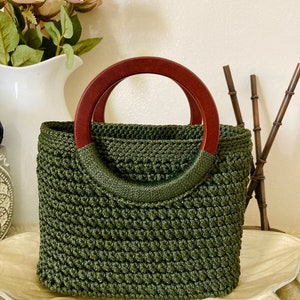 Crochet Hand bag with wooden handle, Best Bag for her zdjęcie 1