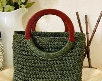 Crochet Hand bag with wooden handle, Best Bag for her