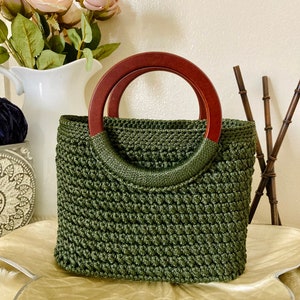 Crochet Hand bag with wooden handle, Best Bag for her zdjęcie 2