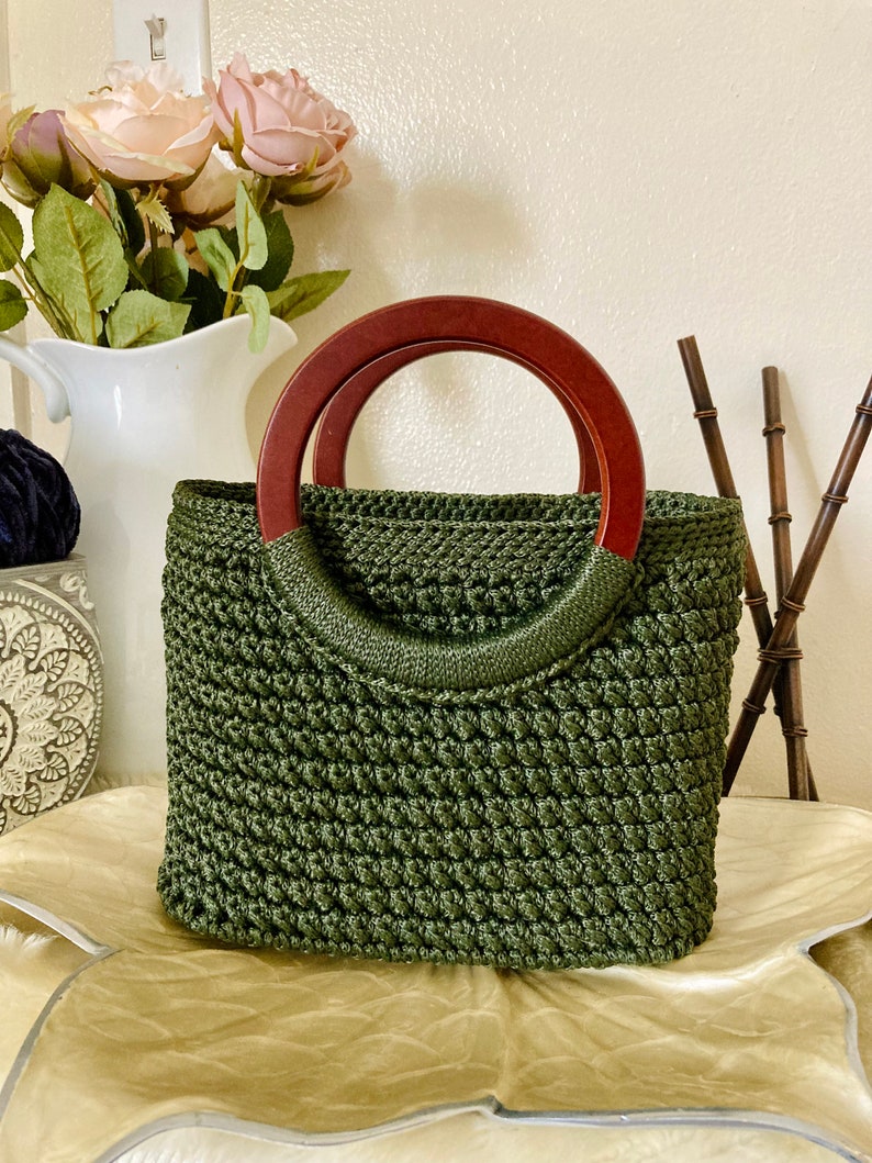 Crochet Hand bag with wooden handle, Best Bag for her zdjęcie 2