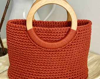 Crochet Hand bag with wooden handle, Best Bag for her