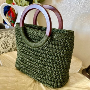 Crochet Hand bag with wooden handle, Best Bag for her zdjęcie 4