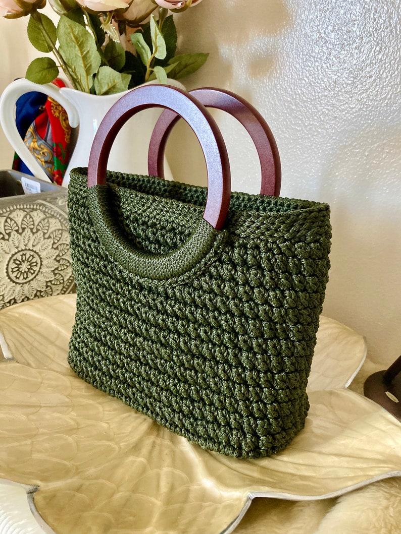 Crochet Hand bag with wooden handle, Best Bag for her zdjęcie 4