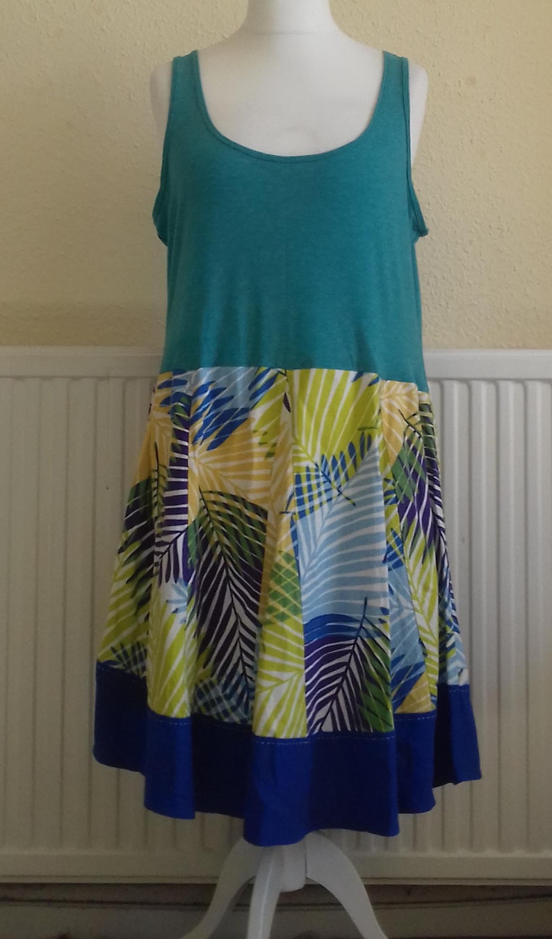 Linen palm print tunic dress 1X 2X upcycled preloved eco fashion refashioned altered clothing recycled refashion