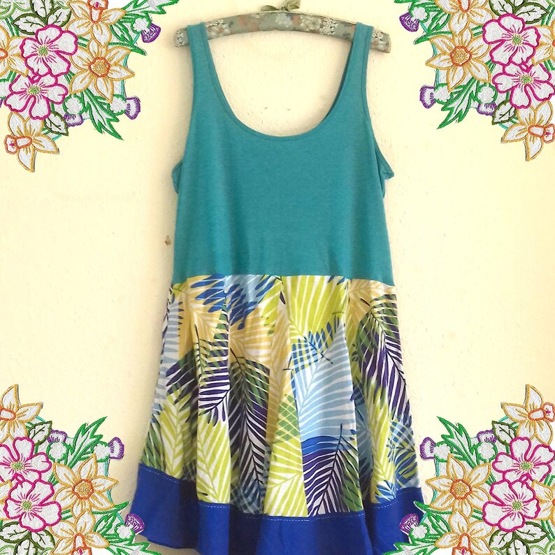 Linen palm print tunic dress 1X 2X upcycled preloved eco fashion refashioned altered clothing recycled refashion
