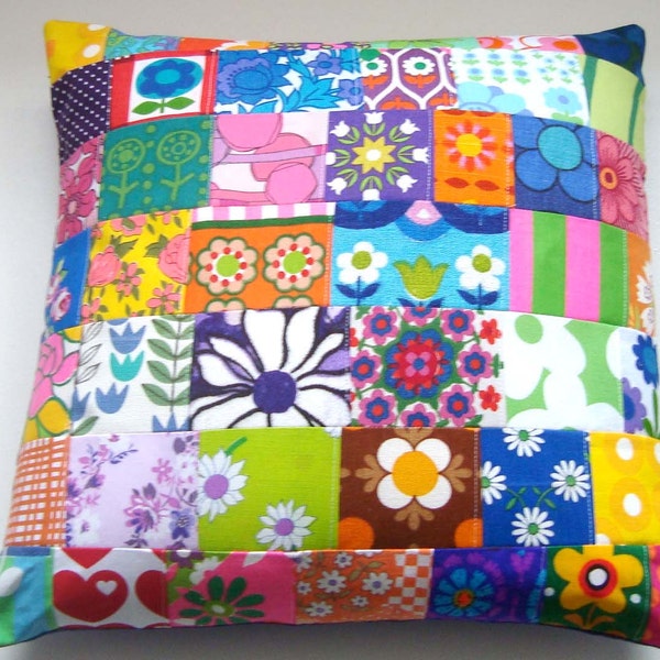 BIG Vintage Retro Patchwork Pillow / Cushion Cover  - 17.5 inch - Bright Mod Floral Prints Fabric