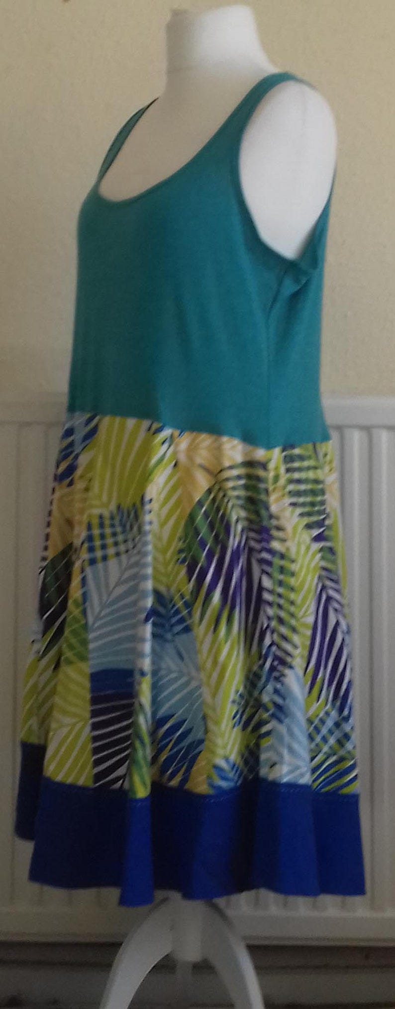 Linen palm print tunic dress 1X 2X upcycled preloved eco fashion refashioned altered clothing recycled refashion