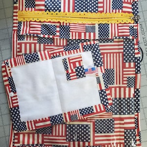 Red/White/Blue Fabric and Vinyl Project Bag with Floss Clutch for Cross stitch