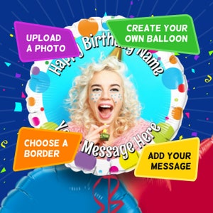May include: A blue and white balloon with colourful polka dots. The balloon has a photo frame with a woman's face in it. The balloon says "Happy Birthday" and "Your Name" on it. There are text boxes that say "Upload a Photo", "Choose a Border", "Add Your Message", and "Create Your Own Balloon".