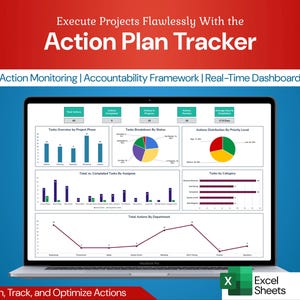 以下が含まれることがあります： ラップトップは、プロジェクト監視用のグラフを備えたAction Plan Trackerインターフェースを表示します。「Execute Projects Flawlessly With the Action Plan Tracker」というテキストが表示されます。下部のテキストは「Assign, Track, and Optimize Actions」と表示されます。Excel Sheetsのロゴが右下にあります。