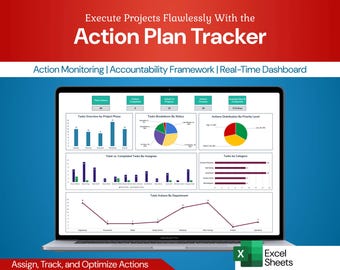 May include: A laptop displays the Action Plan Tracker interface, showcasing data visualizations. The screen features charts and graphs for project monitoring, with the text "Execute Projects Flawlessly With the Action Plan Tracker". The bottom text reads "Assign, Track, and Optimize Actions".