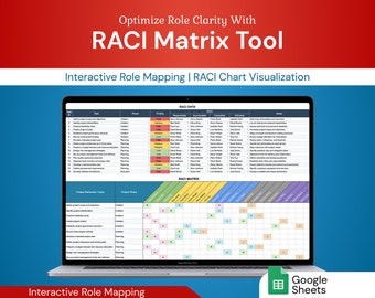 May include: A laptop screen shows a RACI matrix tool, with the text "Optimize Role Clarity With RACI Matrix Tool" at the top. The screen displays a detailed project management chart, with "Interactive Role Mapping" at the bottom. The Google Sheets logo is visible.