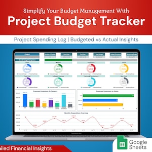 Op de afbeelding: Een laptopscherm dat een Google Sheets-spreadsheet toont met een projectbudgettracker. De spreadsheet toont een projectuitgavenlogboek, gebudgetteerde versus werkelijke inzichten, een uitgavenoverzicht per categorie en status, en een maandelijks uitgavenoverzicht. De spreadsheet is getiteld "Project Budget Tracker".