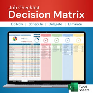May include: A laptop computer screen displaying a spreadsheet with a decision matrix. The spreadsheet is divided into four sections: Do Now, Schedule, Delegate, and Eliminate. Each section has a pie chart and a bar graph. The spreadsheet is titled "Job Checklist Decision Matrix".