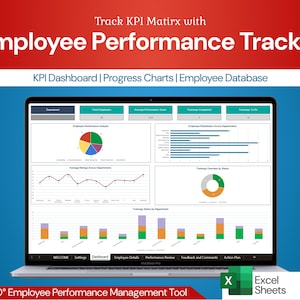 May include: A laptop screen displaying a dashboard with charts and graphs for tracking employee performance. The dashboard includes sections for employee details, performance reviews, feedback and comments, and action plans. The title of the dashboard is "Employee Performance Tracker".