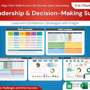 Puede incluir: Una infografía colorida con el título "Leadership & Decision-Making Suite" y el lema "Lead with Confidence | Strategize with Insight". La infografía incluye cinco secciones diferentes: Análisis PESTEL, Análisis DAFO, Gestión de las partes interesadas, Seguimiento del rendimiento de los empleados y Herramienta de gestión de riesgos. La infografía está diseñada para ayudar a las empresas a alinear el rendimiento del equipo con los objetivos estratégicos. La infografía está disponible en los formatos de Google Sheets y Excel.