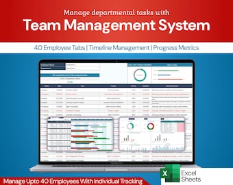 May include: A laptop screen displays a team management system interface. The screen shows data tables, charts, and graphs. Text on the screen includes "40 Employee Tabs," "Timeline Management," and "Progress Metrics." The laptop is on a blue background.