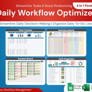 May include: A digital download of a printable daily workflow optimizer with four sections: Task Tracker, Decision Matrix, Kanban Board, and Task Organizer. The document is designed to help streamline tasks and boost productivity. It is compatible with Google Sheets and Excel.