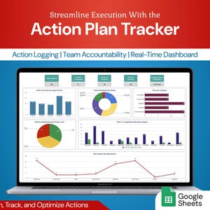 Może przedstawiać: Ekran laptopa wyświetla pulpit nawigacyjny "Action Plan Tracker" z wykresami danych. Tekst u góry brzmi "Streamline Execution With the Action Plan Tracker". Logo Google Sheets jest widoczne w prawym dolnym rogu.