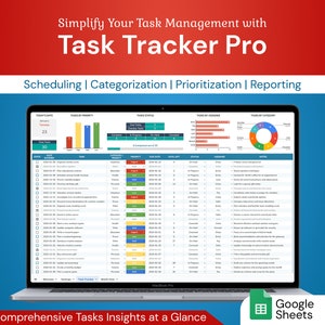 May include: A laptop screen displaying a Google Sheets spreadsheet with a task tracker. The spreadsheet includes columns for task name, priority, due date, status, assignee, and notes. The spreadsheet also includes charts and graphs that visualize the data. The text "Task Tracker Pro" is displayed at the top of the screen. The text "Comprehensive Tasks Insights at a Glance" is displayed at the bottom of the screen.
