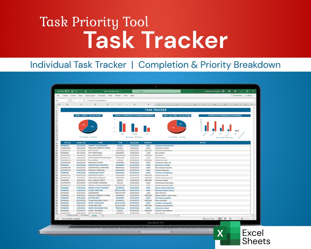 Task Tracker Excel Template | Streamline Individual Action Item List - Etsy