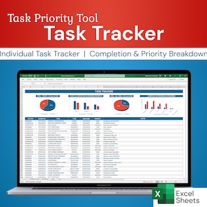 Może przedstawiać: Laptop wyświetlający arkusz kalkulacyjny z narzędziem do śledzenia zadań. Arkusz zawiera listę zadań, terminy, poziomy priorytetów i wykresy pokazujące postęp. Arkusz jest zatytułowany "Śledzenie zadań".