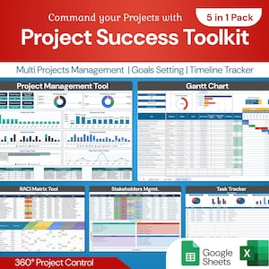 Op de afbeelding: Een kleurrijke projectmanagement toolkit met vijf verschillende sjablonen: Project Management Tool, Gantt-diagram, RACI-matrixtool, Stakeholder Management en taaktracker. De toolkit is ontworpen voor Google Sheets en Excel.