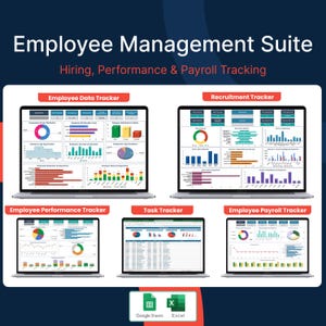 May include: A computer screen displaying a spreadsheet with charts and graphs. The spreadsheet is titled "Employee Management Suite" and includes sections for "Employee Data Tracker", "Recruitment Tracker", "Employee Performance Tracker", "Task Tracker", and "Employee Payroll Tracker". The spreadsheet is compatible with Google Sheets and Excel.