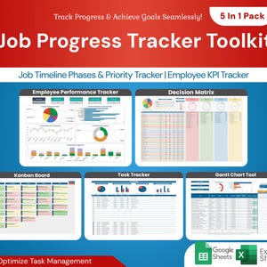 May include: A colourful infographic with the title "Job Progress Tracker Toolkit" and the text "5 In 1 Pack". The infographic includes five different charts and graphs: Employee Performance Tracker, Decision Matrix, Kanban Board, Task Tracker, and Gantt Chart Tool. The infographic is designed to help users track their job progress and achieve their goals.