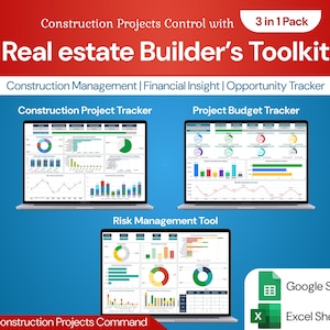 Könnte beinhalten: Ein digitales Toolkit für Immobilienentwickler mit drei Tabellenkalkulationen: Bauprojekt-Tracker, Projekt-Budget-Tracker und Risikomanagement-Tool. Die Tabellenkalkulationen sind für die Verwendung mit Google Sheets und Excel konzipiert.