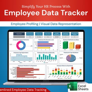 Può includere: Uno schermo di laptop che mostra un foglio di calcolo con vari grafici e diagrammi che mostrano i dati dei dipendenti. Il foglio di calcolo è intitolato "Employee Data Tracker" e include informazioni sulla distribuzione di genere, la segmentazione per età, il livello di istruzione, la nazionalità, il tipo di lavoro e lo stato per reparto. Il foglio di calcolo è stato creato utilizzando Excel.