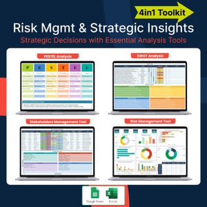 May include: A 4-in-1 toolkit for risk management and strategic insights. The image displays four computer screens showcasing different analysis tools: PESTEL, SWOT, Stakeholders Management, and Risk Management. The tools are presented in a colourful and visually appealing manner, with charts, graphs, and tables. The image also includes the logos for Google Sheets and Excel, indicating that the tools are compatible with these platforms.